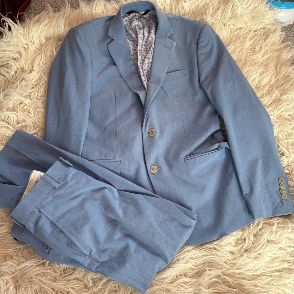 Egara Blue Skinny Fit Suit 30x30 Stretch 2PC Floral Lined Jacket Pants Wedding